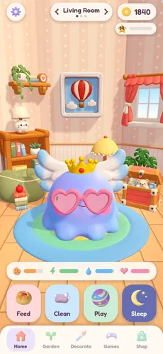 Pori back at home in the living room, still wearing the wings, crown and heart glasses