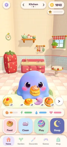 Pori in the kitchen about to eat a cloud pancake, with berry buns, honey rolls, moon mochi and peach puffs in the snack tray