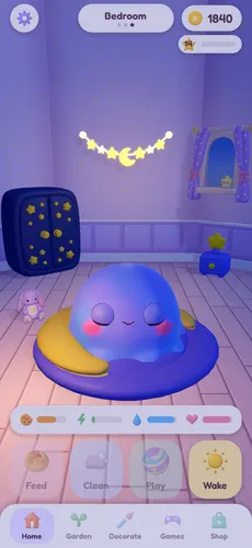 Pori asleep in a moon bed in the bedroom at night, a garland of glow stars on the wall
