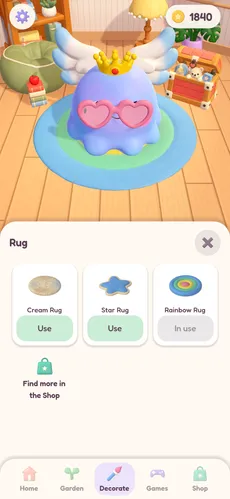 The rug picker open in the living room: Cream Rug, Star Rug and the Rainbow Rug in use