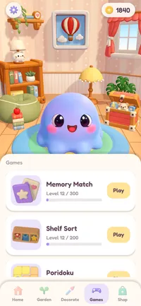 The Games tab with Memory Match, Shelf Sort and Poridoku, each at its own level