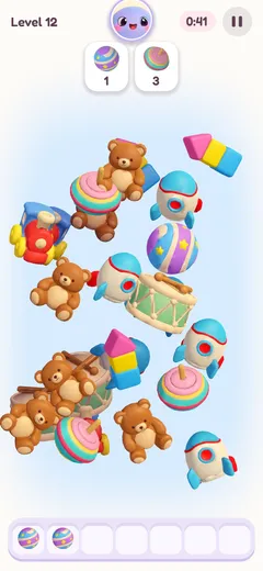 Pori Match, level 12: a big 3D pile of teddy bears, toy rockets, drums and spinning tops above a tray of seven slots