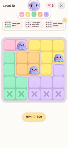 Poridoku, level 12: a pastel grid with two Poris placed and a row of cells crossed out