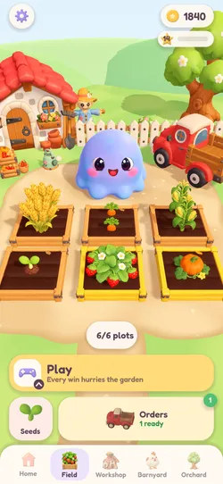 The Field page: Pori in front of the cottage and the red truck, with six plots of wheat, carrots, corn, a sprout, strawberries and a pumpkin