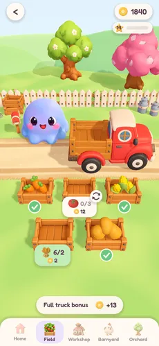 The truck page: Pori next to the red truck and its crates of orders, a “Full truck bonus” under them