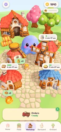 The Workshop page: Pori among the mill, windmill, bakery and dairy on a cobbled square, timers ticking on the ones at work