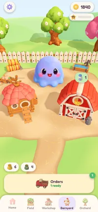 The Barnyard page: the coop and the red barn on a sunny dirt yard