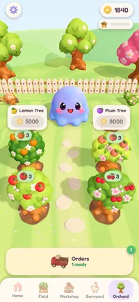 The Orchard page: fruit trees full of oranges, apples, peaches and cherries, with the Lemon Tree and Plum Tree still to buy