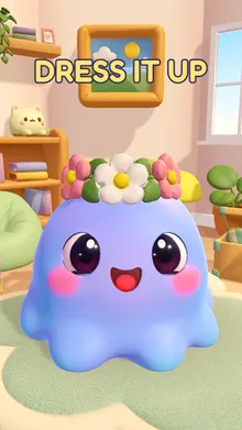 Pori wearing a flower crown in its living room, smiling with big shiny eyes